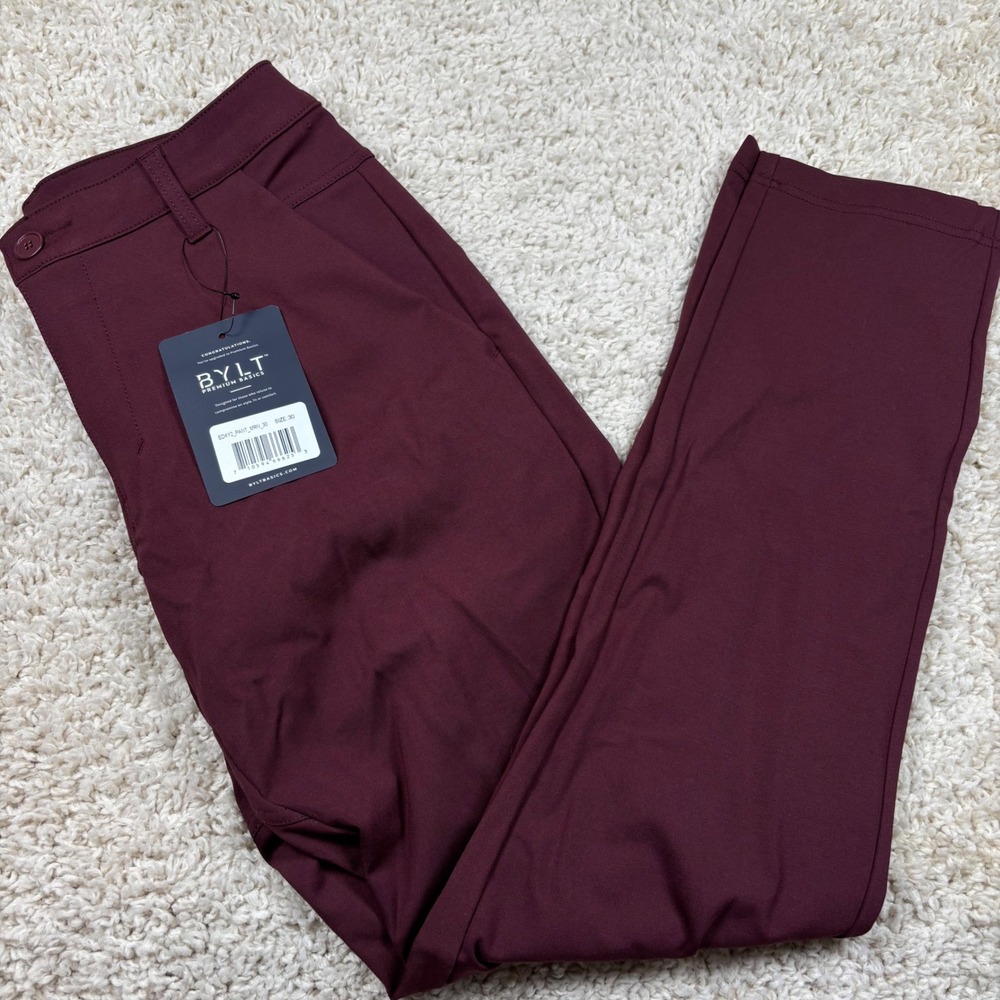 BYLT Everyday Pant 2.0 Mens 30 Maroon Slim Fit Chino Stretch Trousers NWT